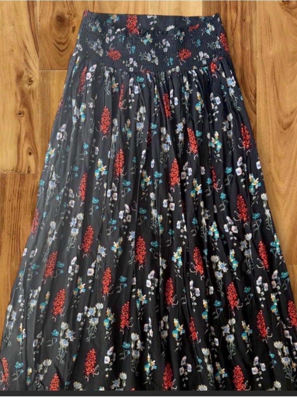 NATURAL LIFE Black Maxi Skirt with Red and Teal Floral Print